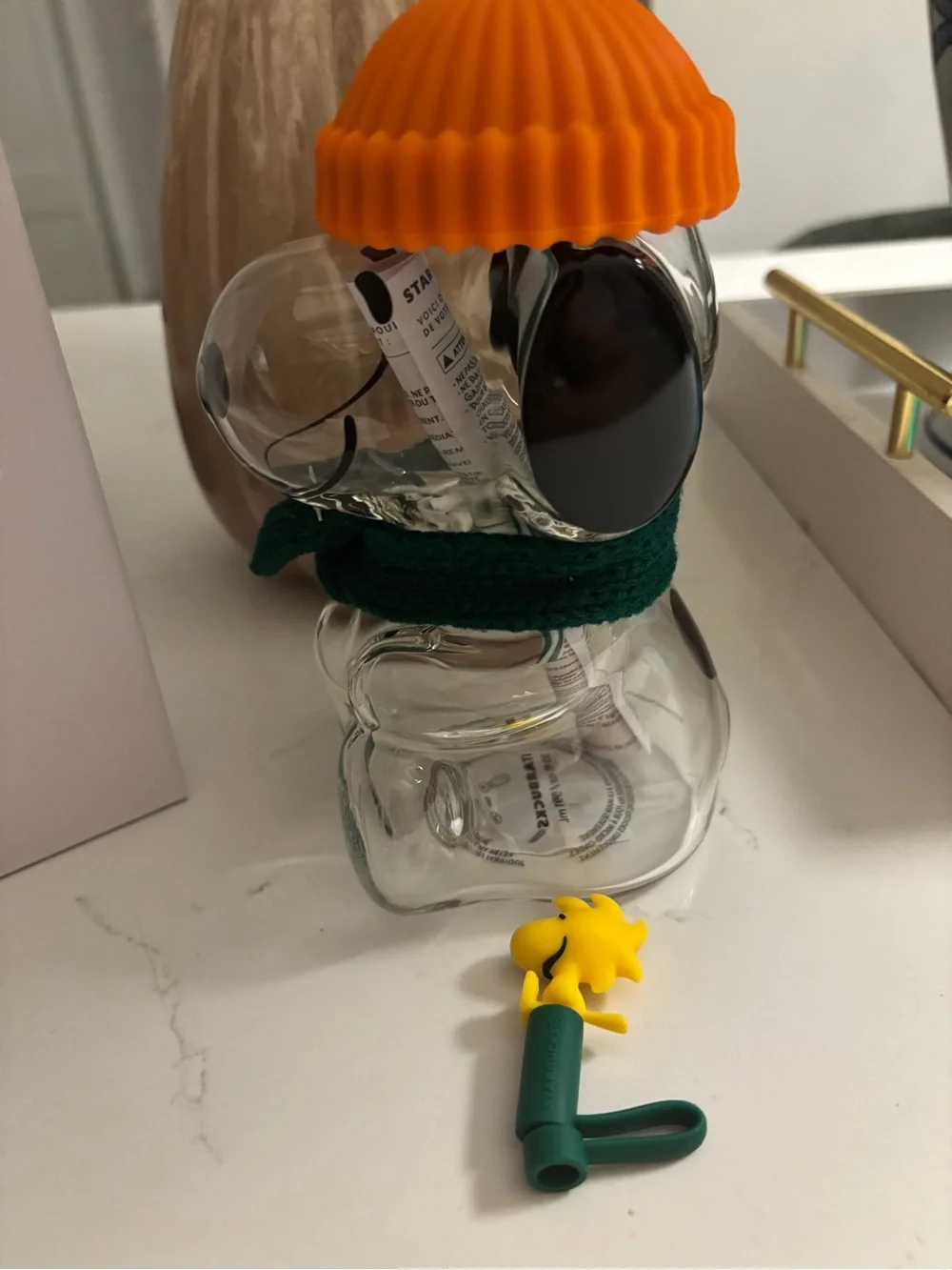 Starbucks Clear Bear Cold Cup with Orange Lid and Green Scarf
